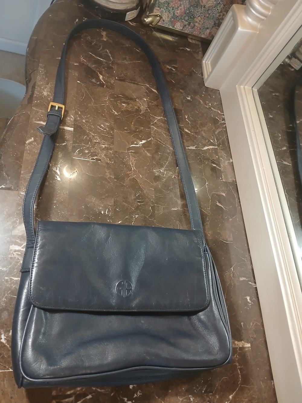 Navy Leather Crossbody Messenger Bag with Adjustable Strap